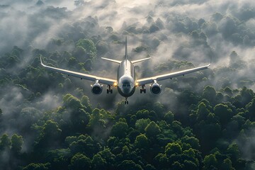 Commercial Jet Flying Over Misty Forest - Aerial View for Travel and Adventure Theme