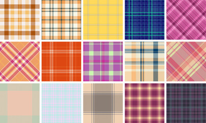 Plaid patterns in soft tones, featuring geometric designs for linen fabric and wallpaper. A perfect choice for British-style material.