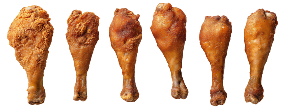 Fried and grilled chicken drumsticks lined up in a row