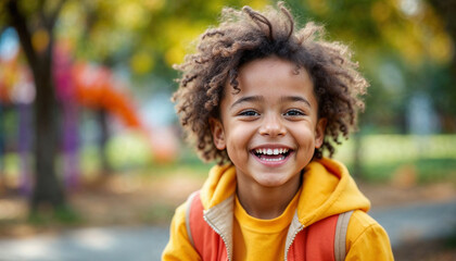 A joyful child in bright clothing, laughing outdoors with a blurred park background.


