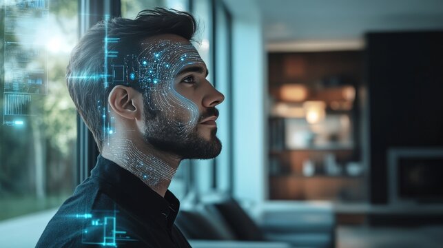 Man with futuristic digital overlay on his face