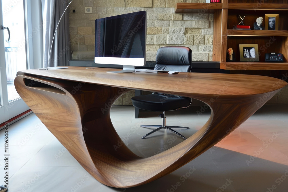 Poster Unique wall-mounted desk design featuring elegant curves and multiple storage options in a modern workspace