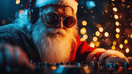 Santa Claus spins festive tunes at a magical holiday party filled with vibrant lights and joyful atmosphere