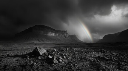Fototapeta premium Dramatic Black and White Landscape with Mountains and Rainbow Under Stormy Sky in Remote Wilderness Area