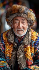 Obraz premium Kazakh Elderly Man in Traditional Winter Clothing and Fur Hat