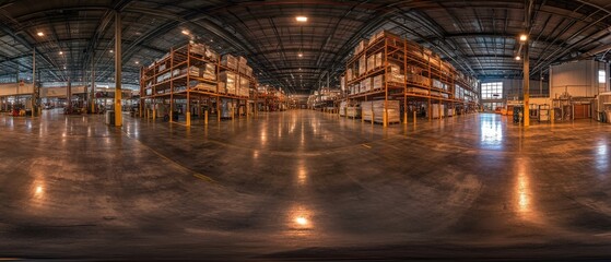 spacious warehouse interior with organized shelving and polished floors