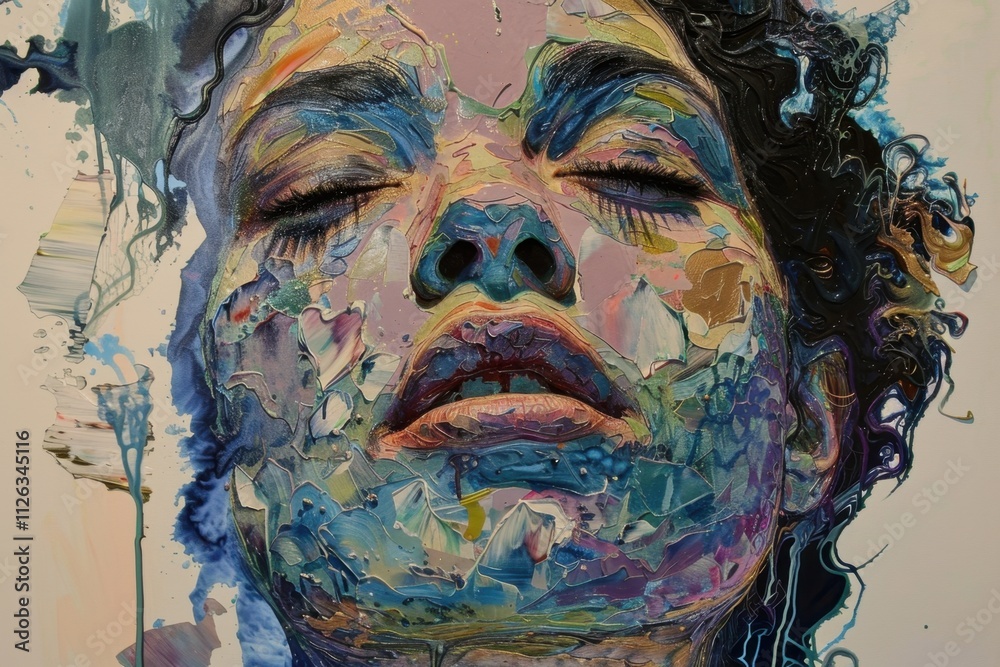 Poster Vibrant expression of emotion through abstract portrait art featuring colorful brush strokes and texture