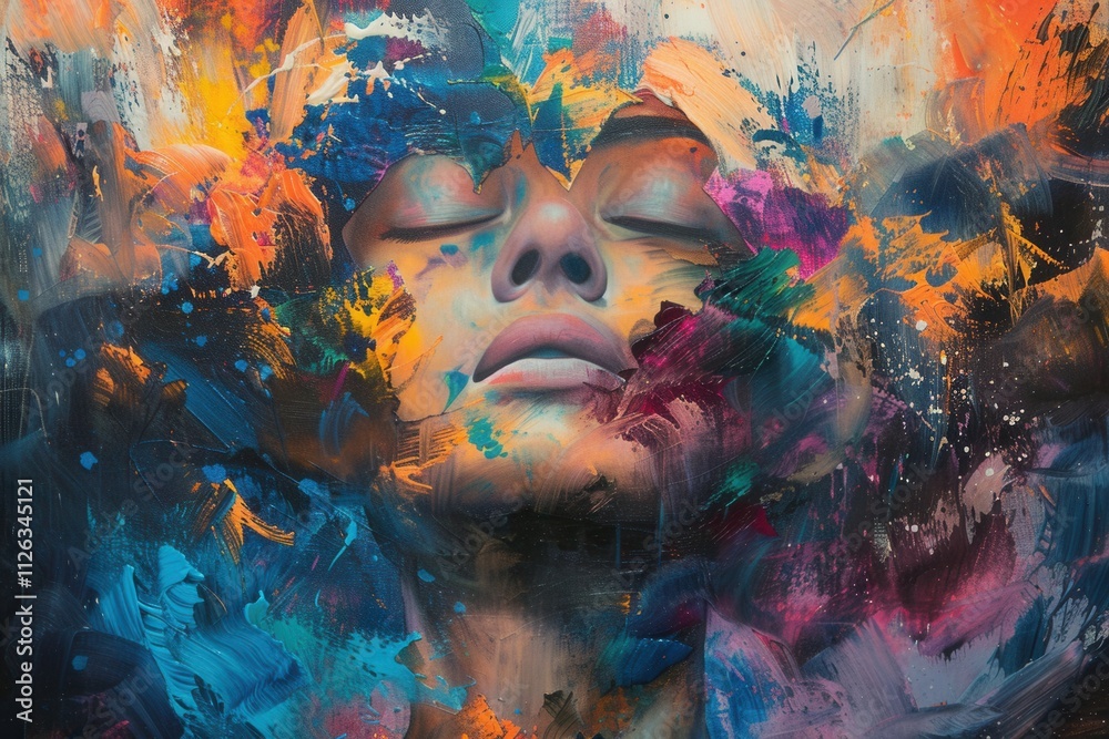 Poster Vibrant expression of emotion through abstract portrait art featuring colorful brush strokes and texture