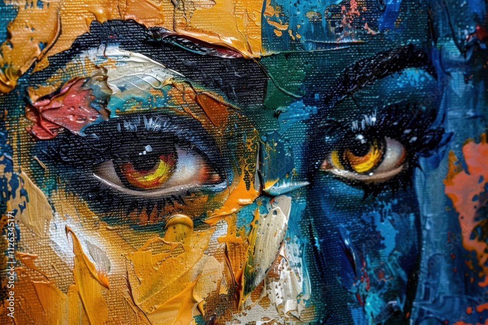 Poster vibrant expression of emotion through abstract portrait art featuring colorful brush strokes and tex