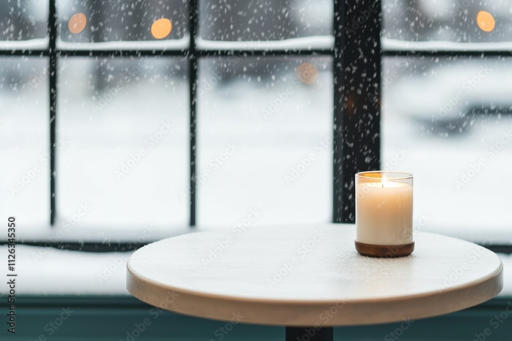 Poster burning candle on a table by the window during a snowfall