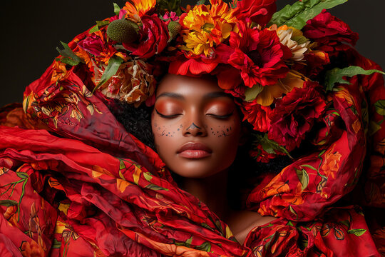Vibrant portrait of a beautiful woman celebrating Dia de los Muertos adorned with flowers and colorful fabric