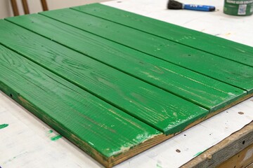 Thick layers of green paint applied to a wooden panel, expressive brushstrokes, creative expression, artistic statement, vibrant colors, artistic medium