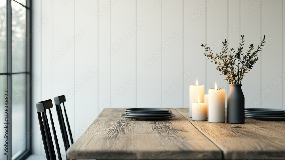 Aufkleber rustic dining table decorated with candles and greenery creating a cozy winter ambiance