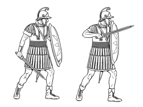 Macedonian warriors in battle. Ancient Greek infantry to color in.
