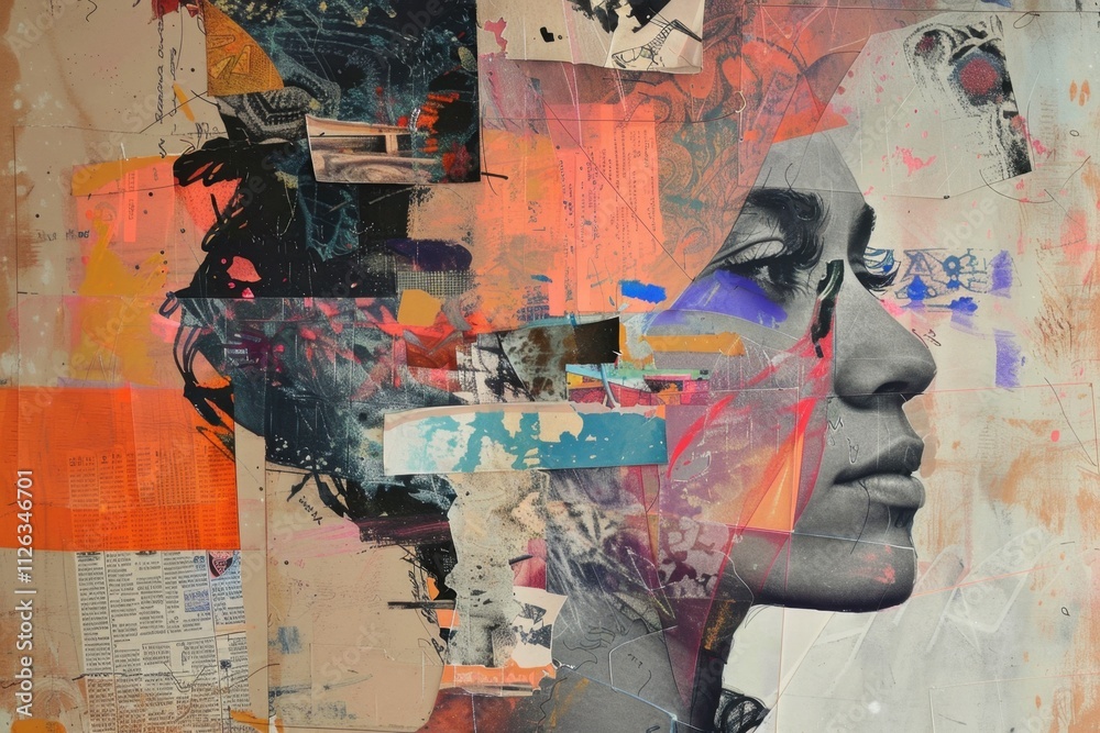 Poster Artistic portrait of a woman's face blending with abstract elements and vibrant colors, showcasing creativity and emotion in a mixed media composition