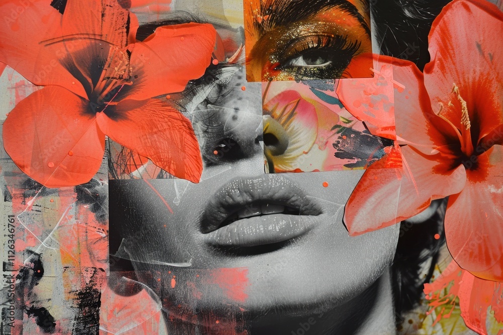 Aufkleber artistic portrait of a woman's face blending with abstract elements and vibrant colors, showcasing c