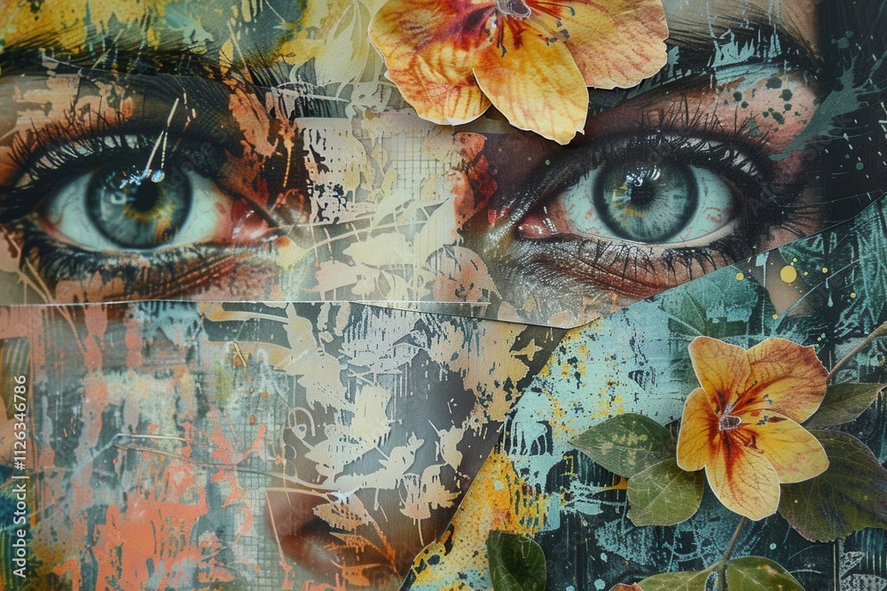 Poster Artistic portrait of a woman's face blending with abstract elements and vibrant colors, showcasing creativity and emotion in a mixed media composition