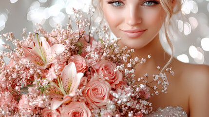 Fototapeta premium A bouquet for the Taurus zodiac sign, with lilies and hydrangeas, in the hands of a girl, Christmas, high detail, realistic photo, fashion style