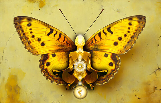 Solar Plexus Chakra, Manipura Meditation. Human silhouette, yoga lotus pose, 7 Chakras Symbols, mystical yellow butterfly background. Inspiration for meditation, transformation, chakra energy healing.