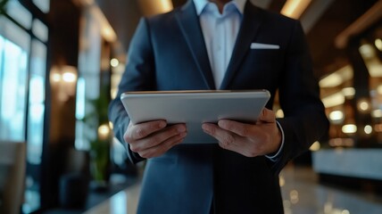 Hotel lobby, concierge and Businessman using a digital tablet for online bookings guest service and reservation hospitality website for job, work receptionist for efficient communication