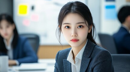 Fototapeta premium Young businesswoman portrait in office setting professional attire