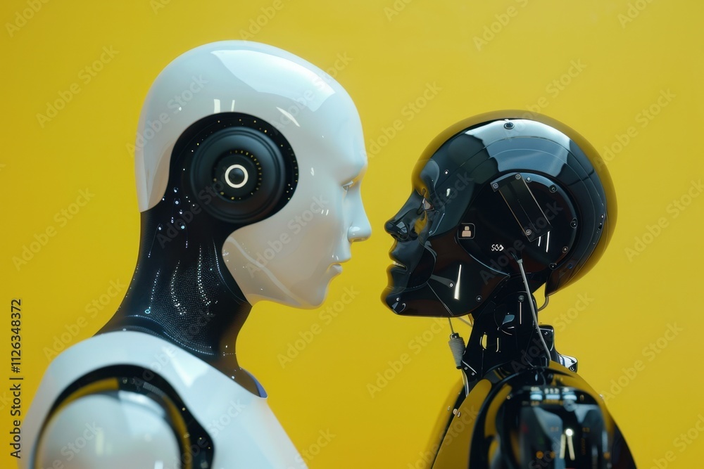 Aufkleber Robots in close proximity exhibiting advanced designs and contrasting colors in a modern environment with yellow backdrop