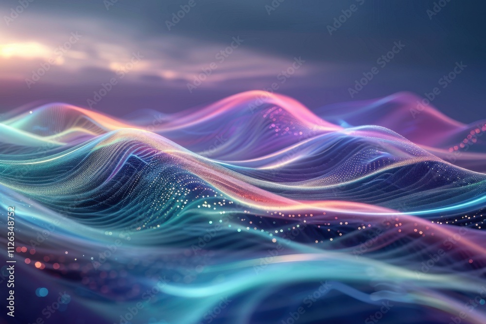 Poster Abstract representation of flowing digital waves with luminous particles in a dark background