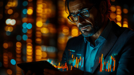 A business professional examines financial trends on a tablet, illuminated by city lights, merging technology and finance