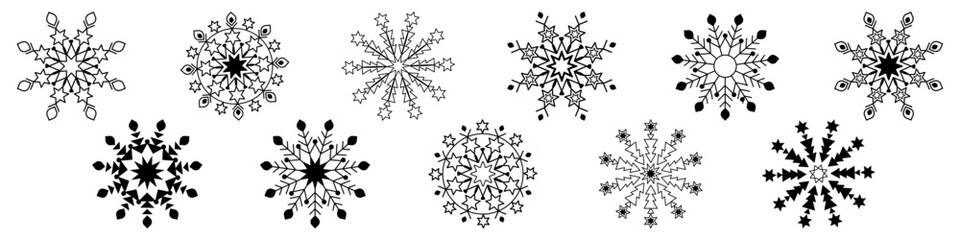 Obraz premium Large set of beautiful snowflakes in black color with different shapes. Vector isolated elements front view for holiday decor. Variety of winter snowflakes 