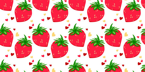 Seamless bright pattern of juicy red strawberries. Vector background without direction summer berry and cute hearts. Endless pattern for textile, packaging, food, wrapper, cards
