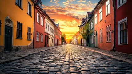 Fototapeta premium charming cobblestone street at sunset