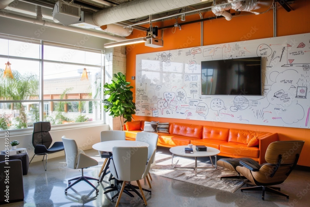 Leinwandbilder Collaborative workspace showcasing brainstorming process with sticky notes and sketches on glass wall in modern office environment