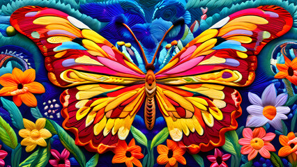 A butterfly with wings made of Otomi-inspired patterns, hovering over a field of vibrant embroidered flowers and leaves