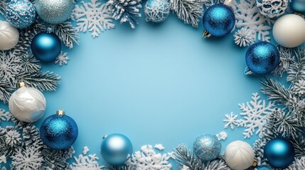 Fototapeta premium Winter wonderland decoration with blue baubles and snowflakes on a light backdrop invites festive cheer this holiday season. Banner, greeting card, poster