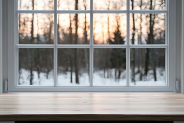 Empty wooden table by window overlooking snowy winter forest at sunset