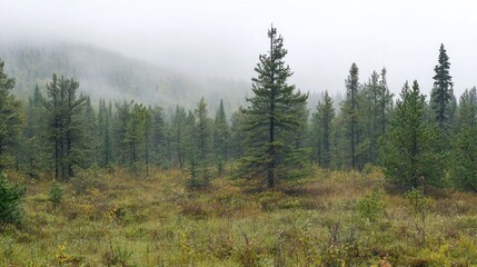 Dew-covered forest in the early morning, fog hanging low over dense vegetation
