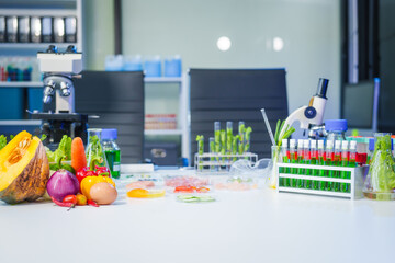 A modern research lab focused on plant genetic engineering, enhancing food and meat production. The lab is equipped with advanced cameras, capturing experiments and innovations.No people are present