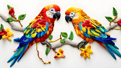 A pair of brightly colored parrots perched on entwined vines, their feathers embroidered with tiny flowers, leaves, and stars