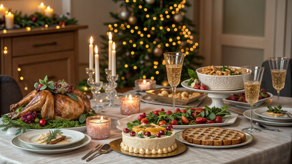 New Year's mood, fruits in a beautiful vase, night lights, New Year tree and a beautifully decorated table, high quality realistic photo