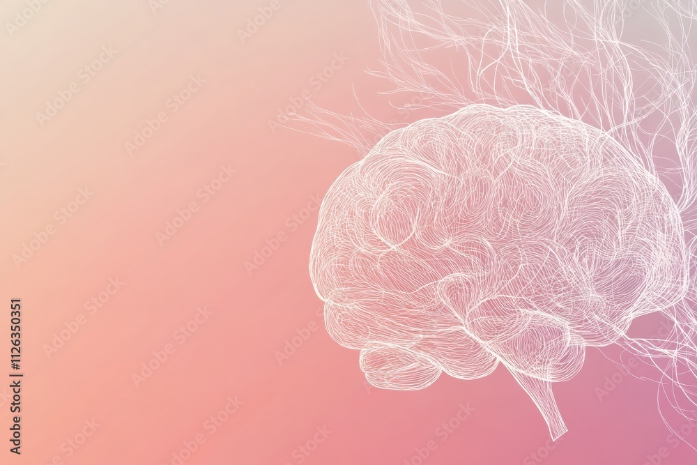 Aufkleber A detailed illustration of a human brain made of thin white lines rests on a soft gradient background, featuring ample blank areas for text. Generative AI