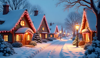 A peaceful snowy street with cottages adorned in colorful Christmas lights