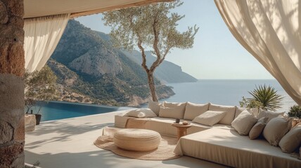 Soothing sea view terrace with white sheer linen curtains and cushions creates a peaceful retreat outdoorwith ocean view