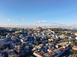 Obraz premium Aerial view of Blue Mosque, Hagia Sophia, Golden Horn and the Bosphorus, Istanbul, Turkey