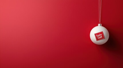 A white ornament with a red tag that says Sale Off hangs from a red background