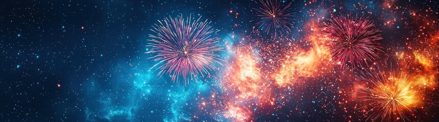 Fototapeta premium Festive winter fireworks illuminating snowy landscape under starry night sky Generative AI