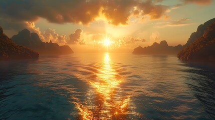 Golden sunset shines over a calm sea with distant rocky islands, perfect for travel.