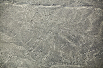 Aerial view of Nazca Lines - Monkey geoglyph, Peru.