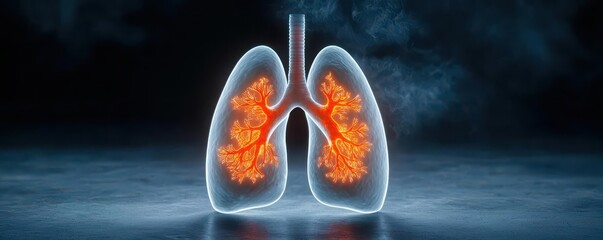 Illustration of lungs glowing with red spots, symbolizing respiratory health risks and symptomfocused diagnostics
