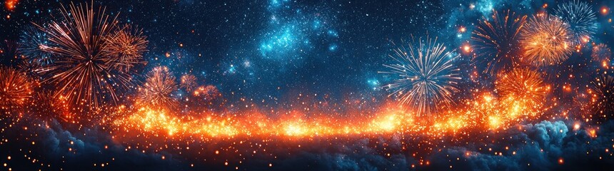 Fototapeta premium Festive winter fireworks illuminating snowy landscape under starry night sky Generative AI