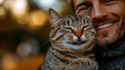 Fototapeta premium A man enjoys a peaceful moment holding a playful cat close, both displaying happiness and affection as the sun sets in a warm park environment